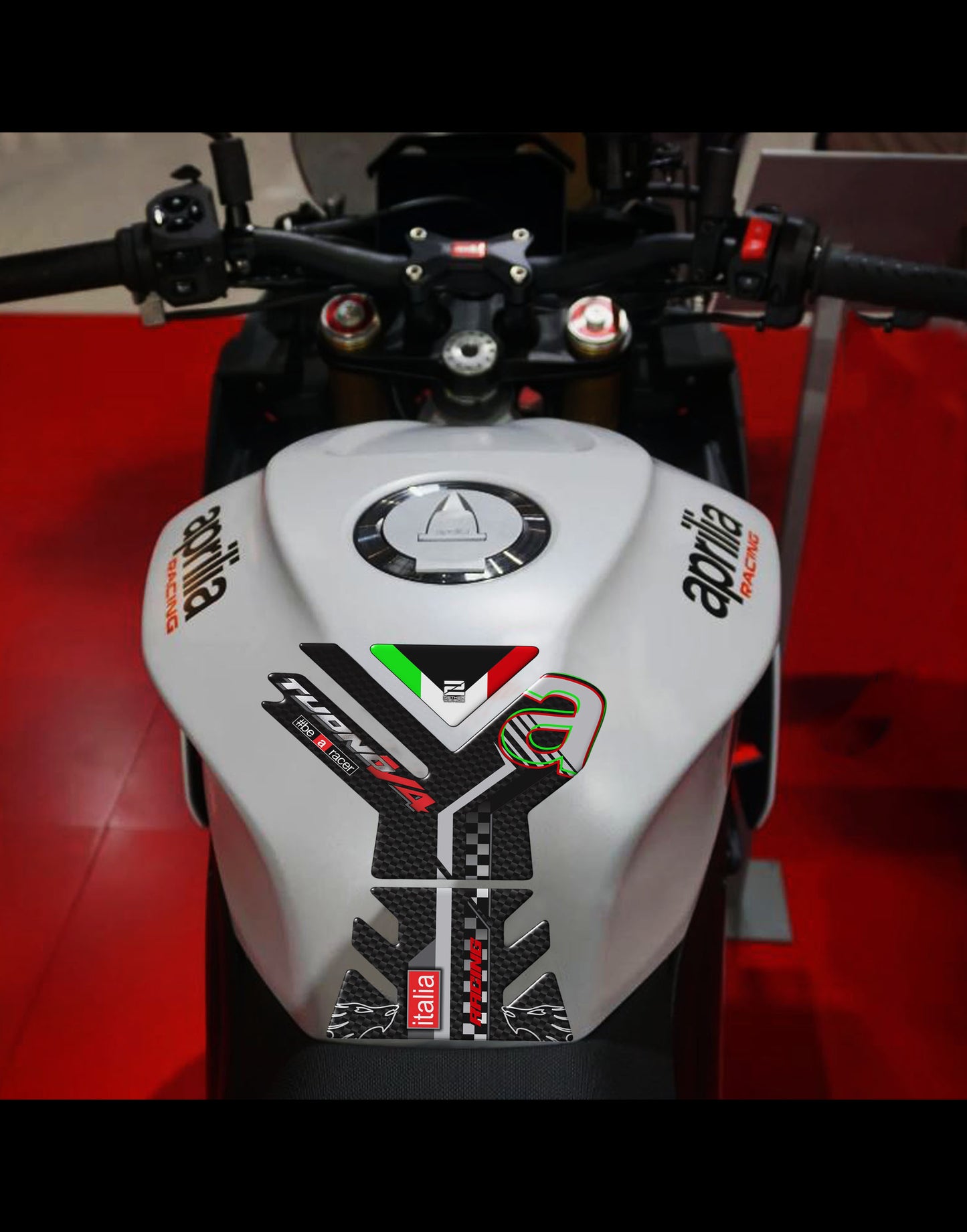 Aprilia Tuono V4 2023 Red and Black Carbon Fibre Motor Bike Tank Pad. # be a Racer Tank Pad Protector.
