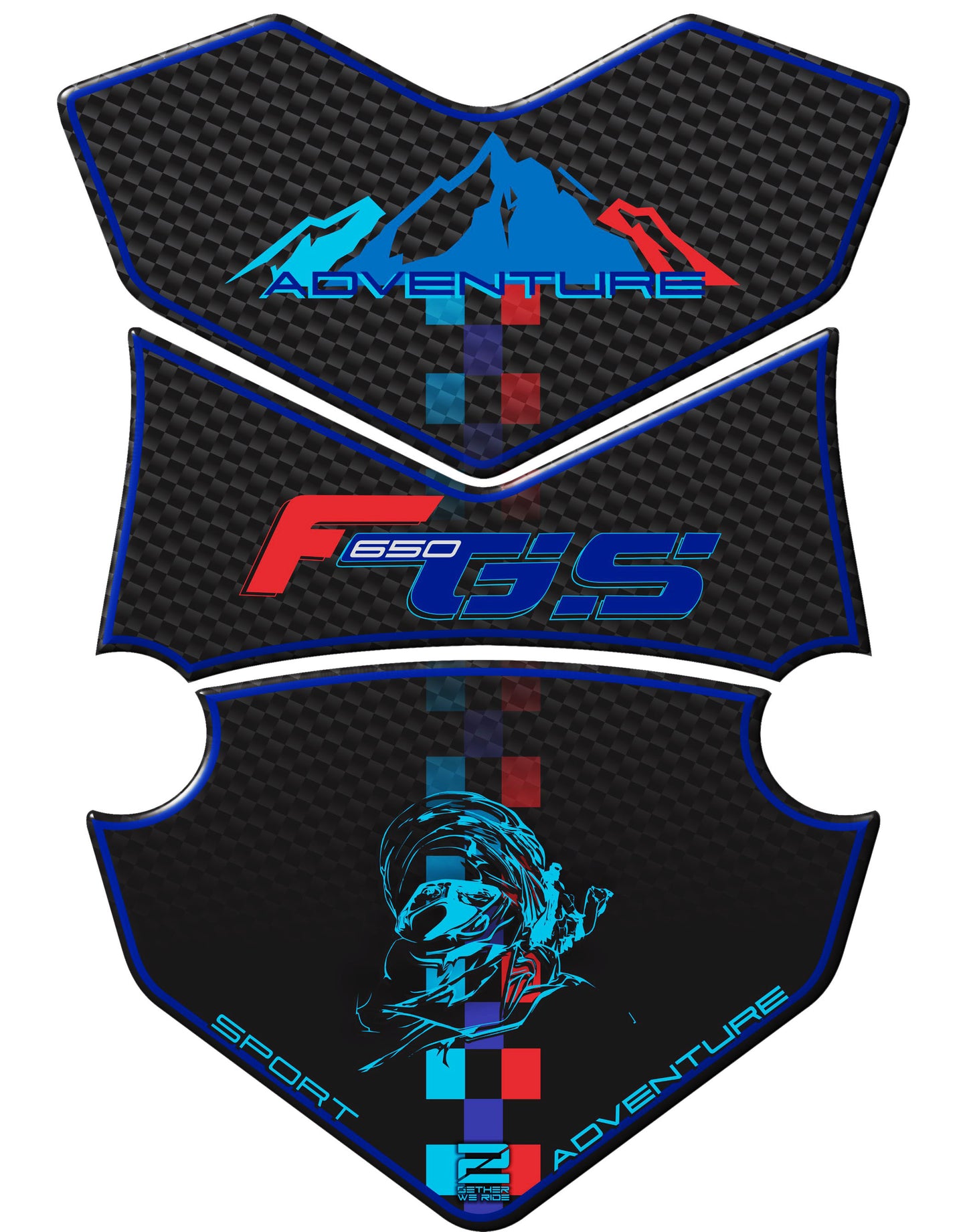 BMW F 650 GS Blue and Black Carbon Motor Bike Tank Pad / Protector. A universal adventure fit tank pad.