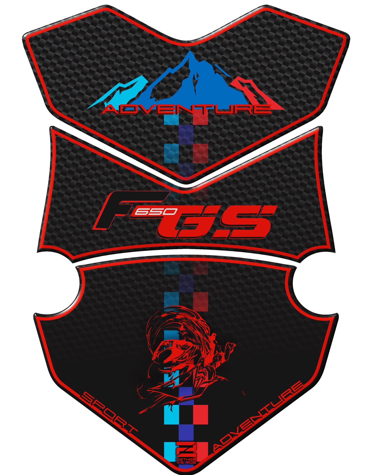BMW F 650 GS Blue and Black Carbon Motor Bike Tank Pad / Protector. A universal adventure fit tank pad.