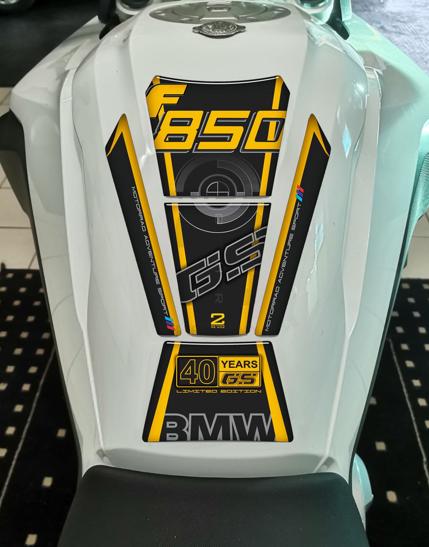BMW F 850 GS Yellow Motor Bike Tank Pad. 40 Years BMW Motor Bike Tank Pad / Protector. Limited Edition