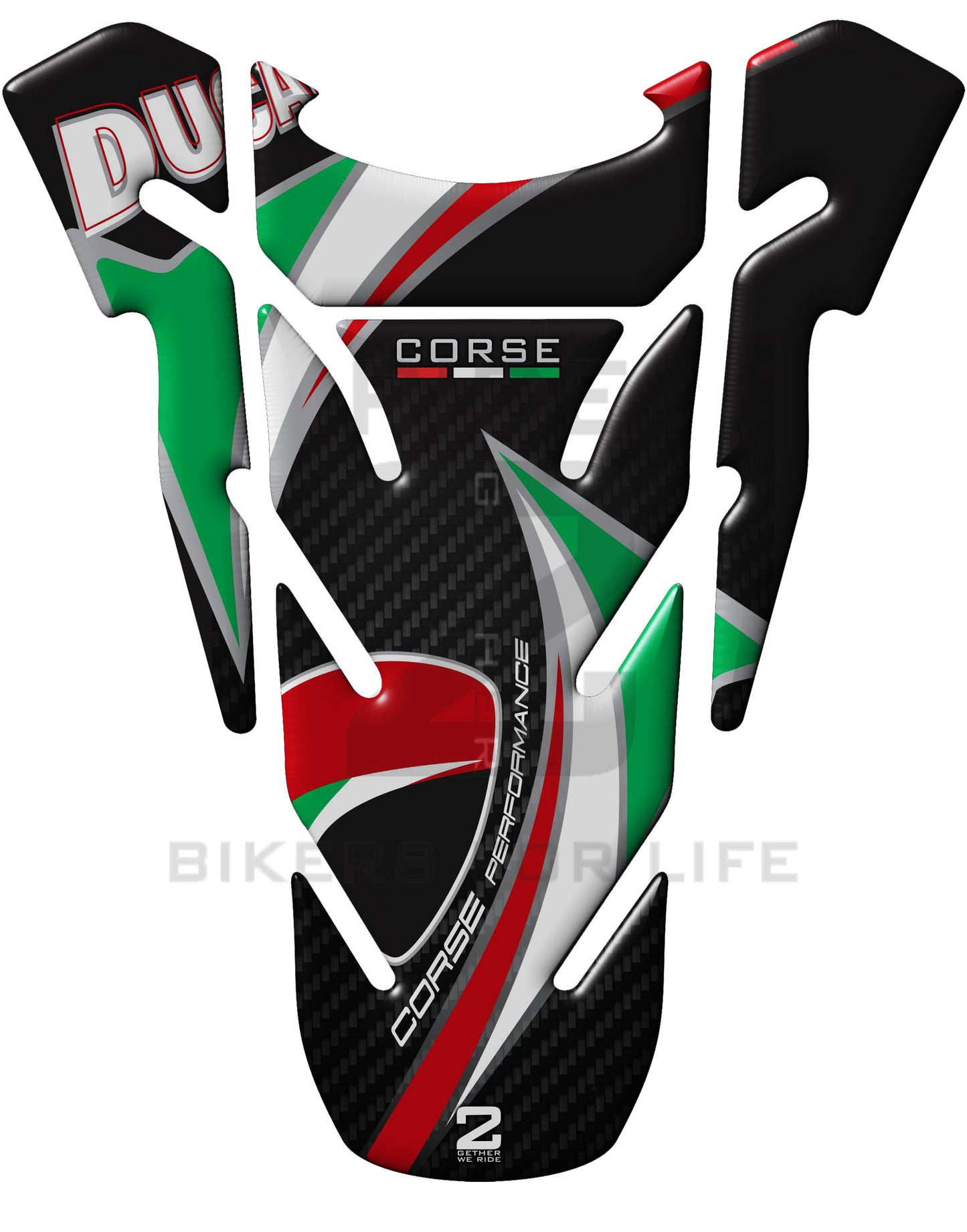 Ducati Coarse Multi Colour, Black and Carbon Fibre Motor Bike Tank Pad Protector. A Universal Fit Ducati Tank Pad.