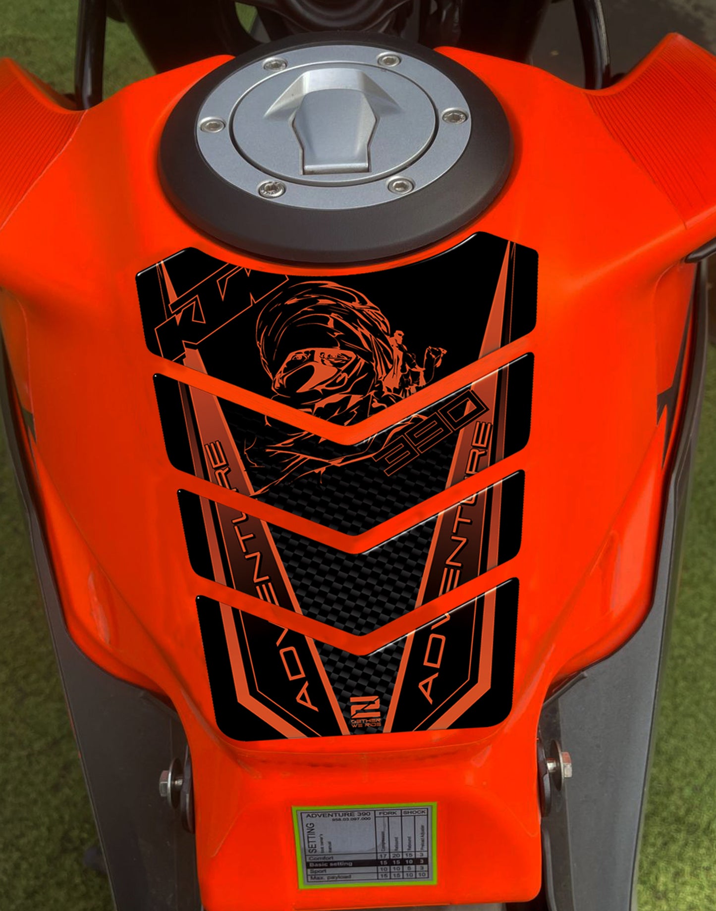KTM 390 Duke Motor Bike Tank Pad. Carbon Fibre Black and Orange 390 Adventure universal Tank Pad .2025