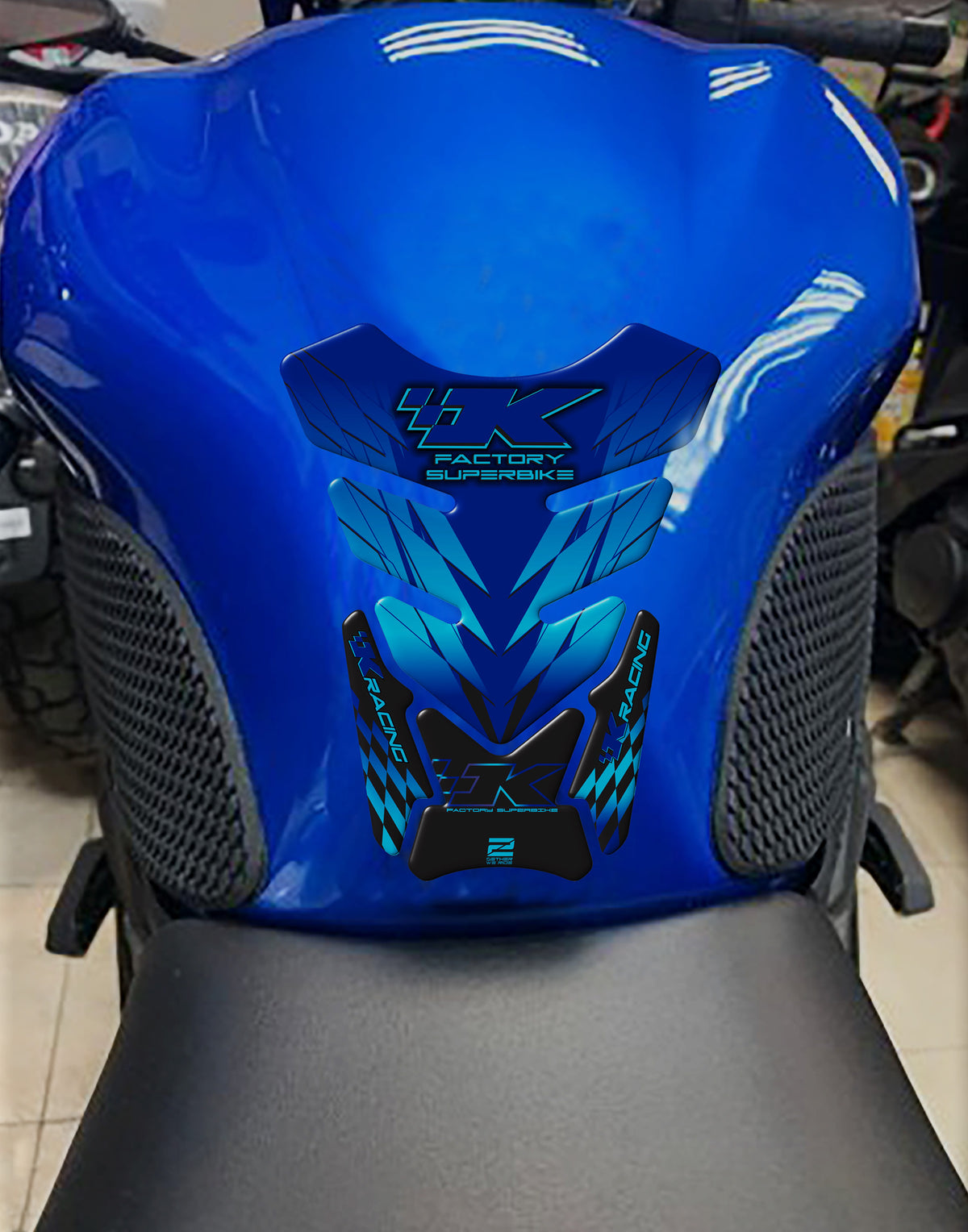Kawasaki Factory Super Bike, Blue Motor Bike Tank Pad Protector 2006 - 2022. K Racing