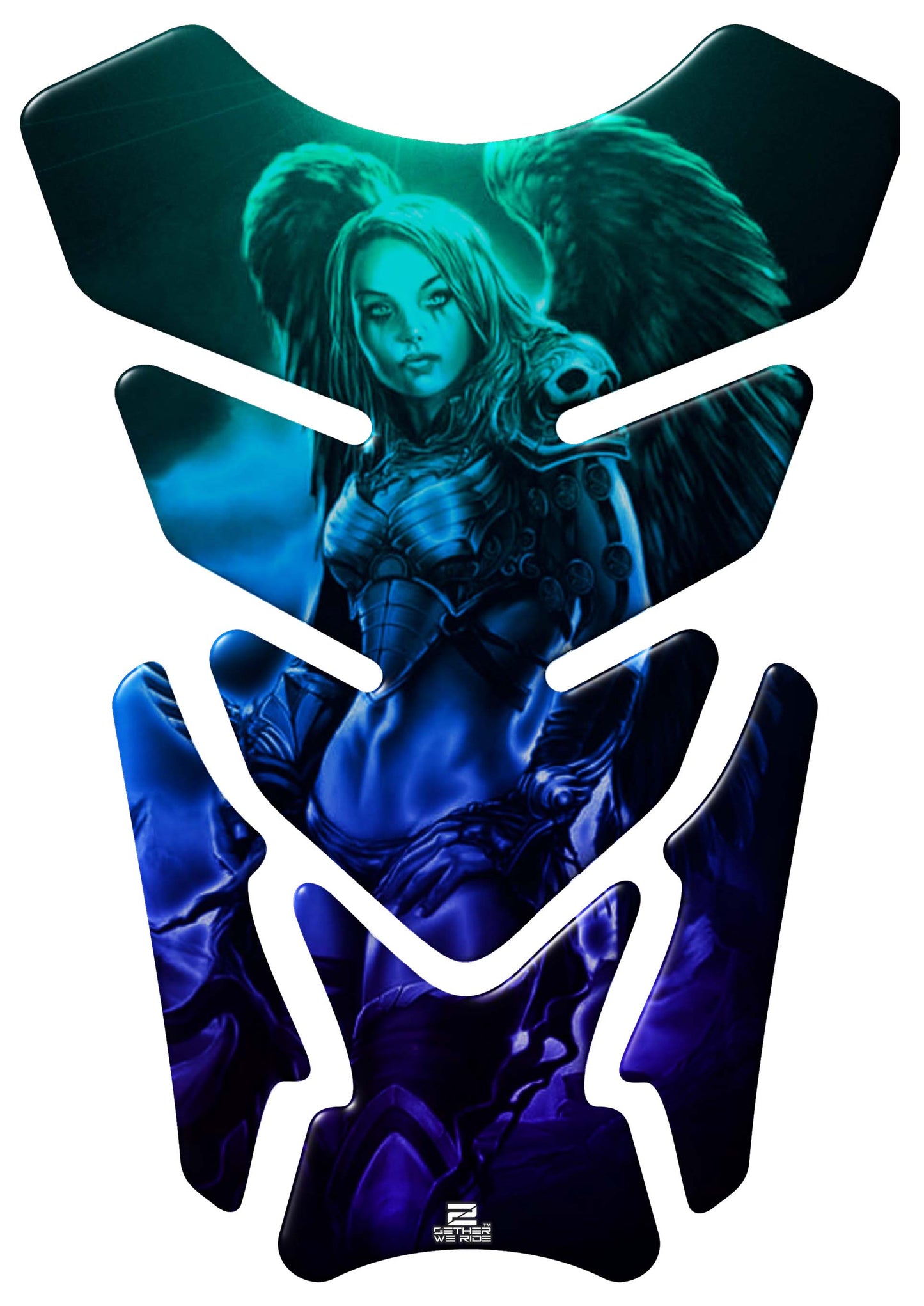 Motor Bike Tank Pad. Blue and Black Amazon Warrior with Angelic Wings.