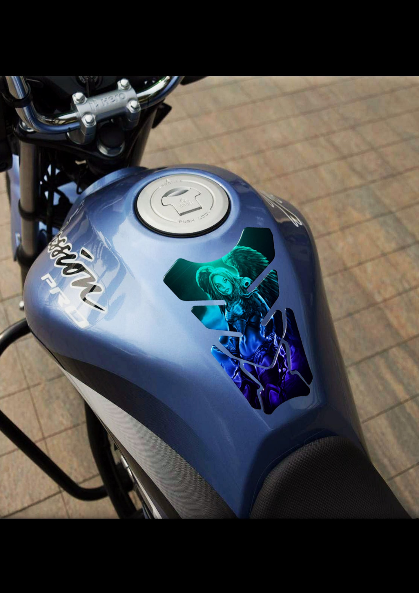 Motor Bike Tank Pad. Blue and Black Amazon Warrior with Angelic Wings.