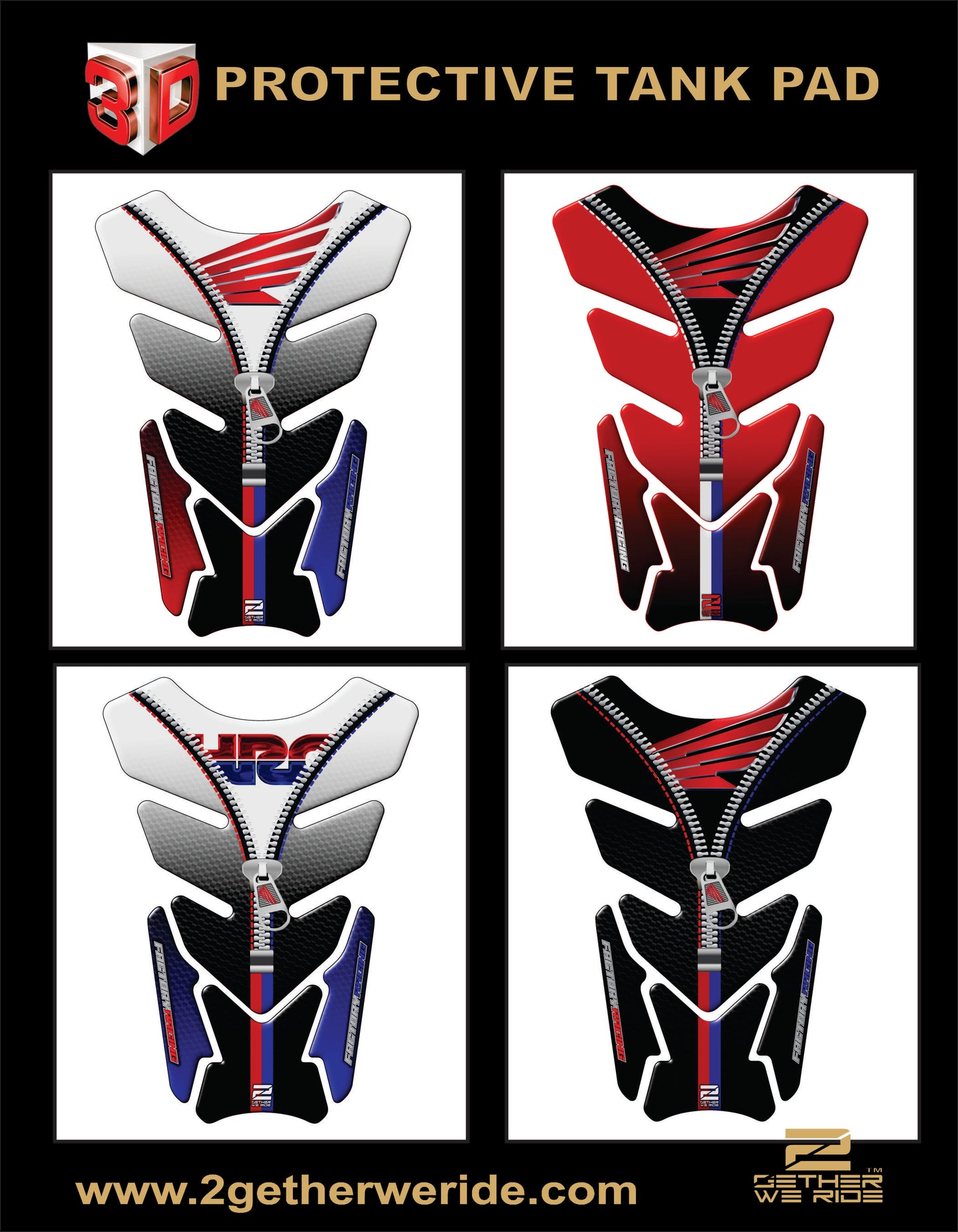 Motorcycle Tank Pad Protector. Honda Red, Blue and White with Black Carbon Fibre and Chrome.Universal Tank Protector