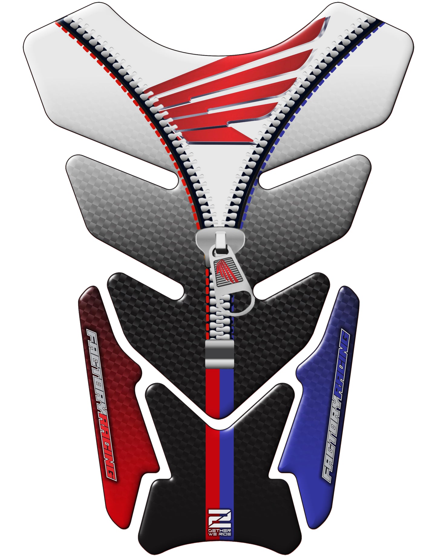 Motorcycle Tank Pad Protector. Honda Red, Blue and White with Black Carbon Fibre and Chrome.Universal Tank Protector