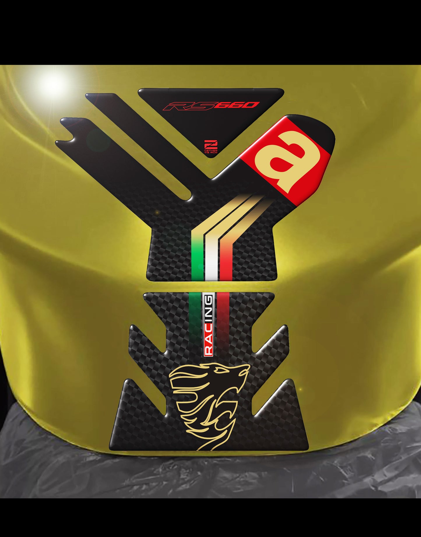 Aprilia RS 660 Motor Bike Tank Pad . Gold and Black Carbon Fibre Universal Fit Bike Tank Pad / Protector 2023 -2025