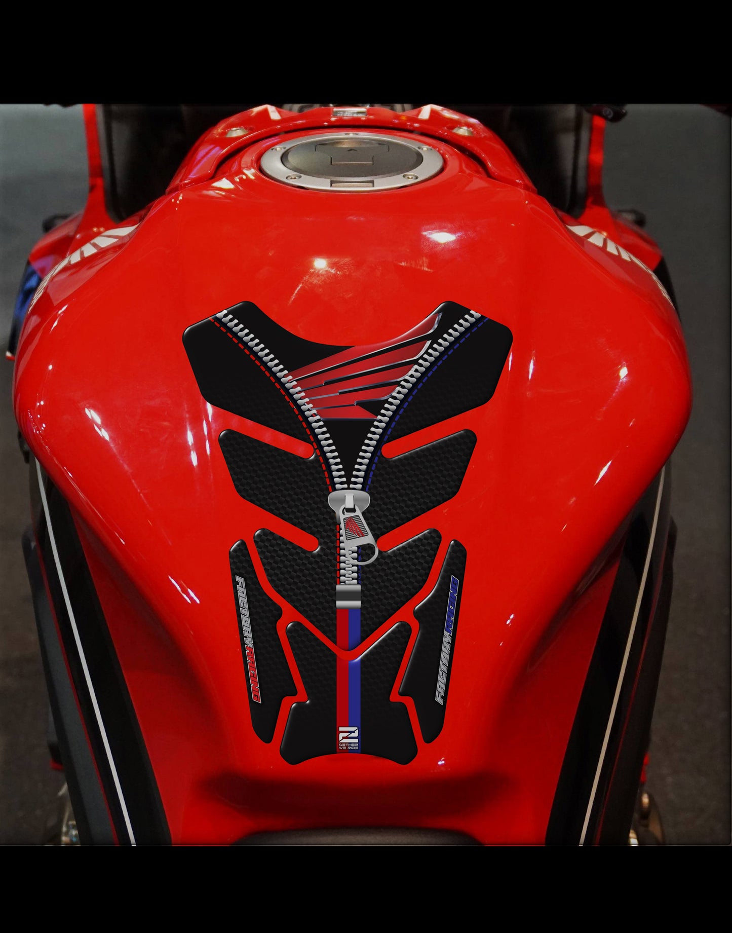 Motorcycle Tank Pad Protector. Honda Red, Blue and White with Black Carbon Fibre and Chrome.Universal Tank Protector