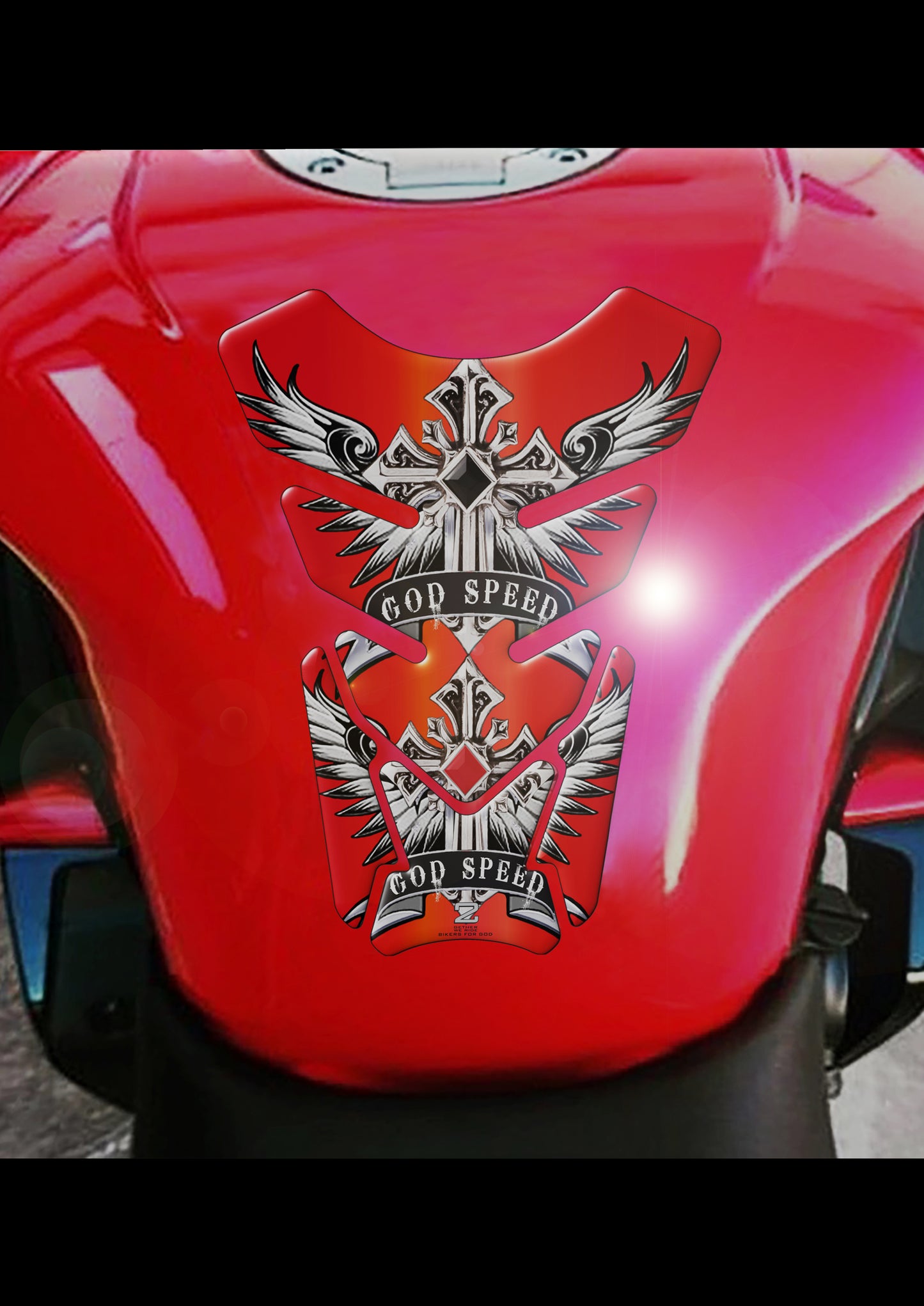 Motor Bike Tank Pad. Religious Range. God Speed Red. Universal Fit. Christian Motor Bike Tank Pad.