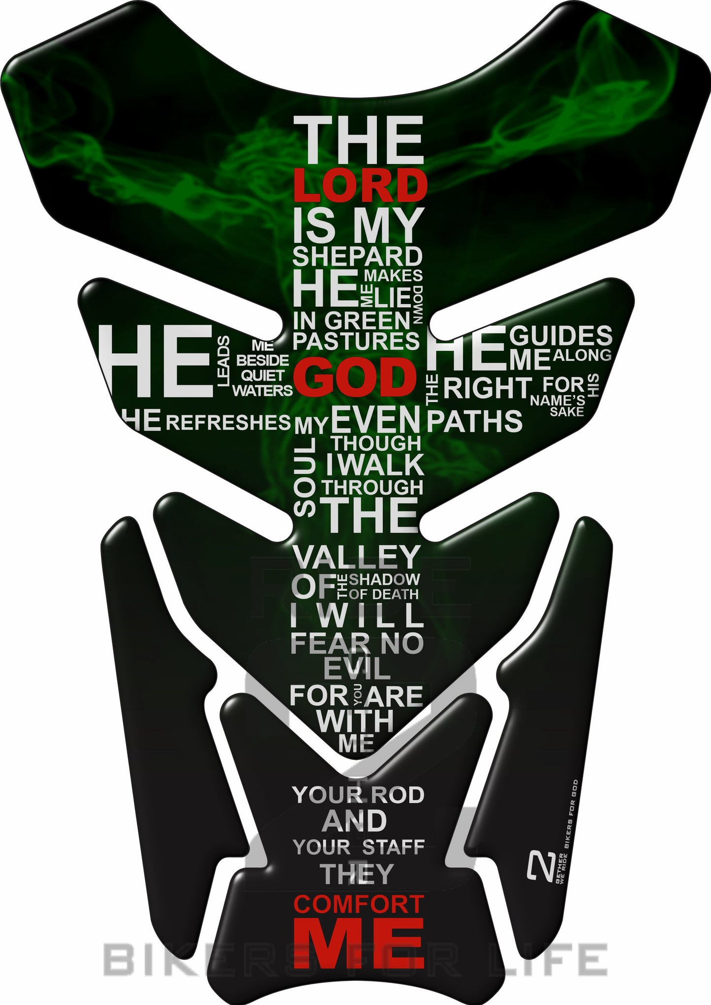 Motor Bike Tank Pad. Religious Range. Jesus crucifix Psalm 23 Green. Universal Fit. Christian tank pad.