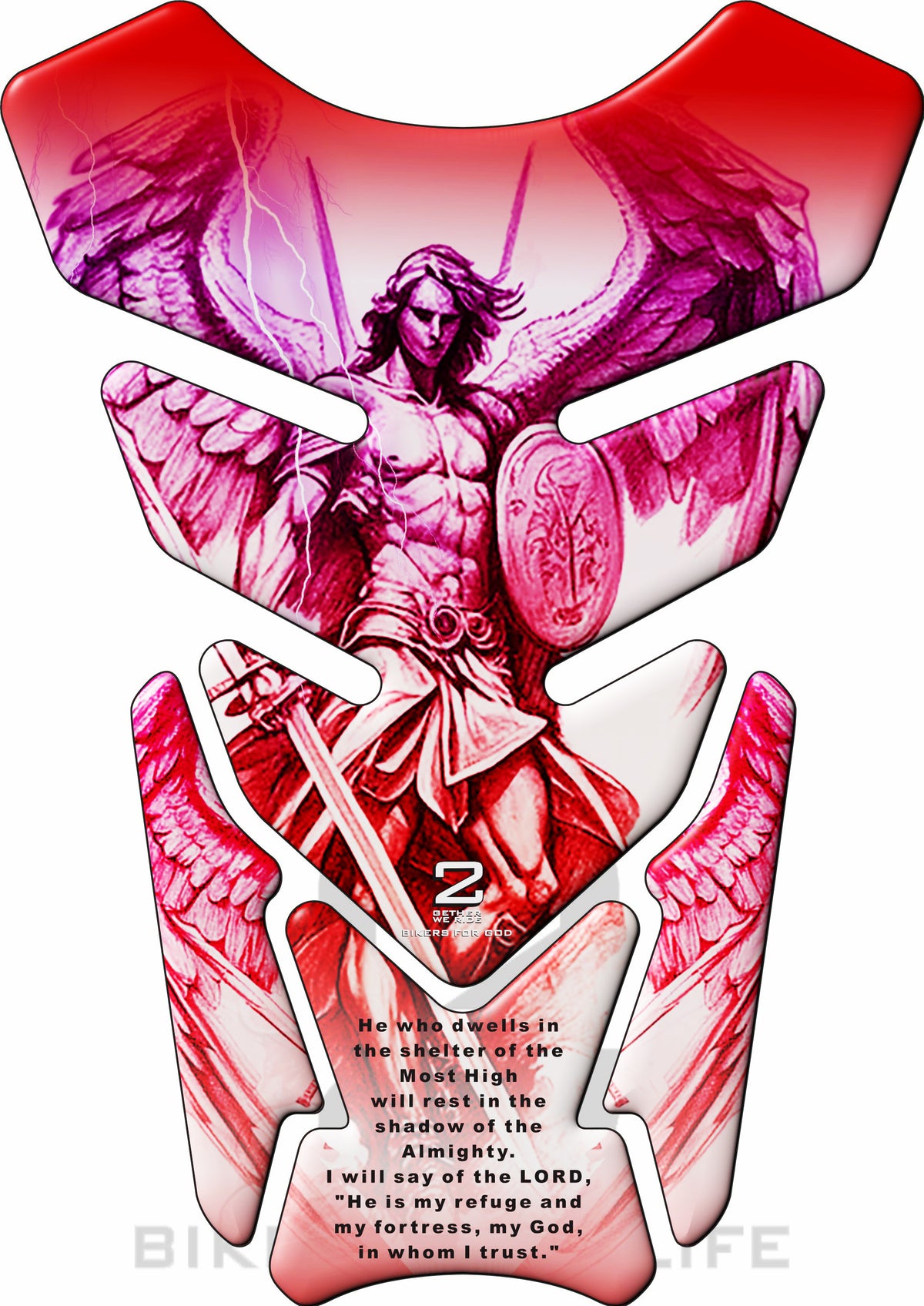 Motor Bike Tank Pad. Religious Range. Archangel Psalm 91 Red . Universal Fit. Christian tank pad.