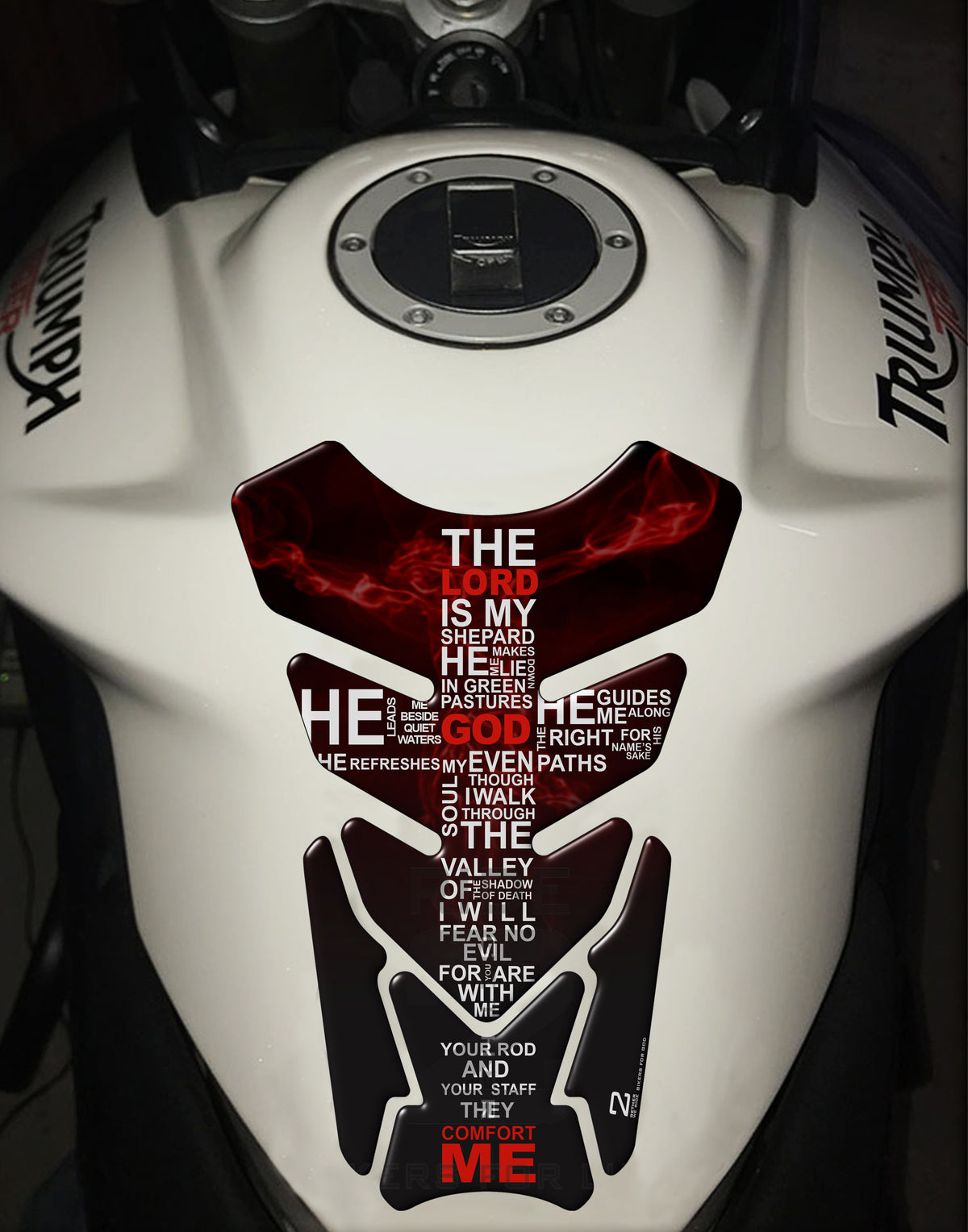 Motor Bike Tank Pad. Psalm 23 tank pad protector.