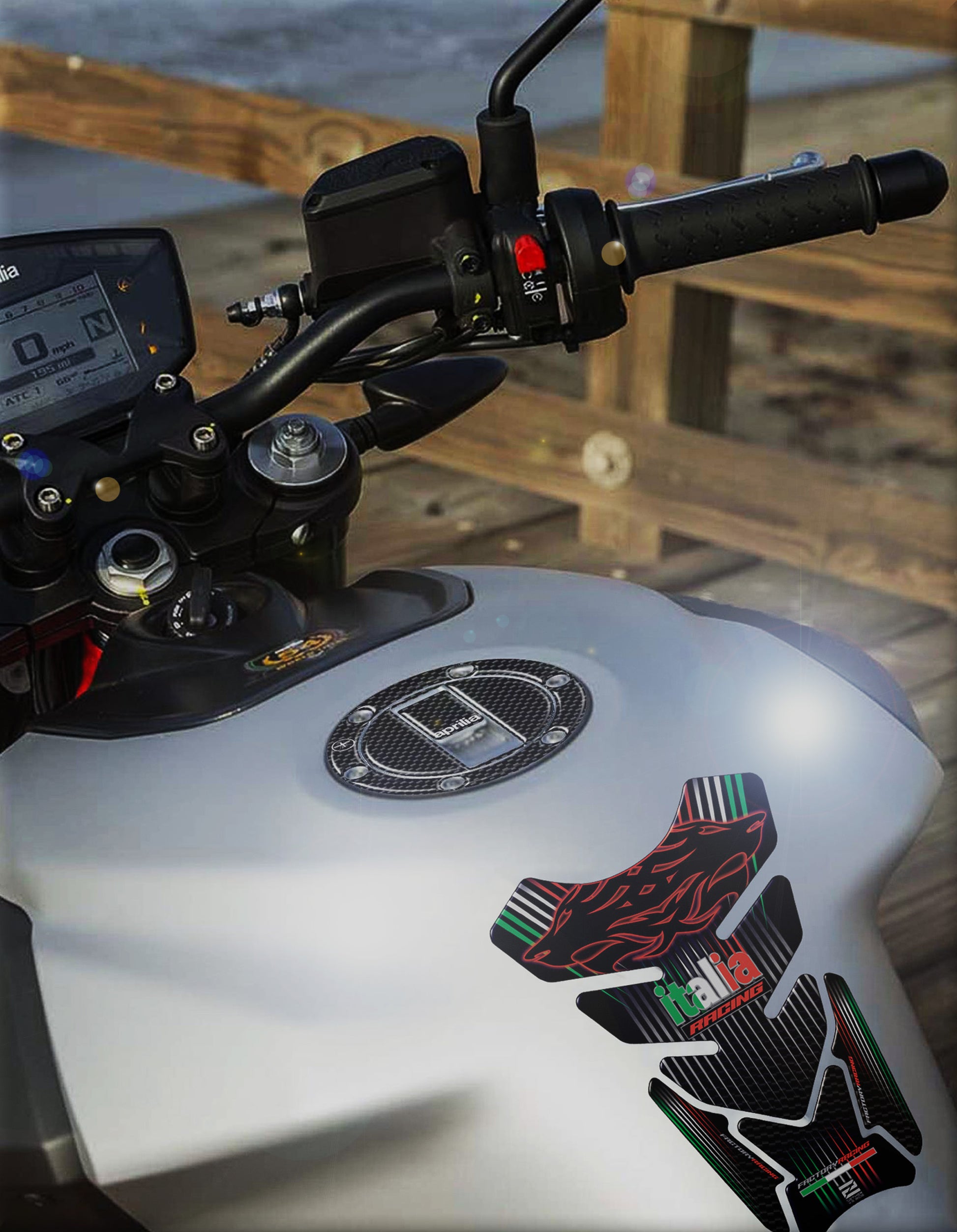 Aprilia Black and Grey Motor Bike Tank Pad. Italia Racing Universal Fit Motor Bike Tank Pad / Protector.