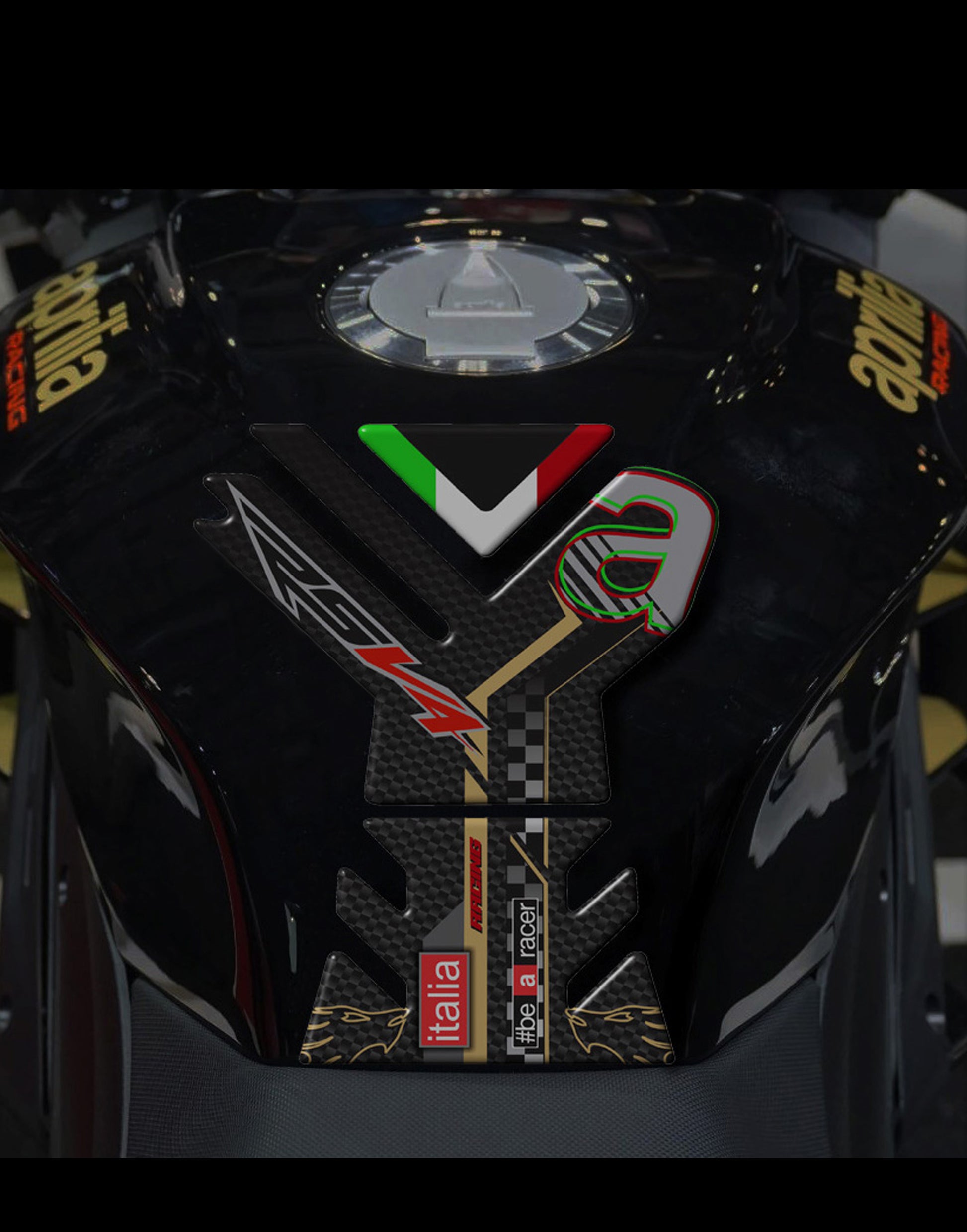 Aprilia RSV4 Black and Gold Carbon Fibre  Motor Bike Tank Pad 2021 -2023