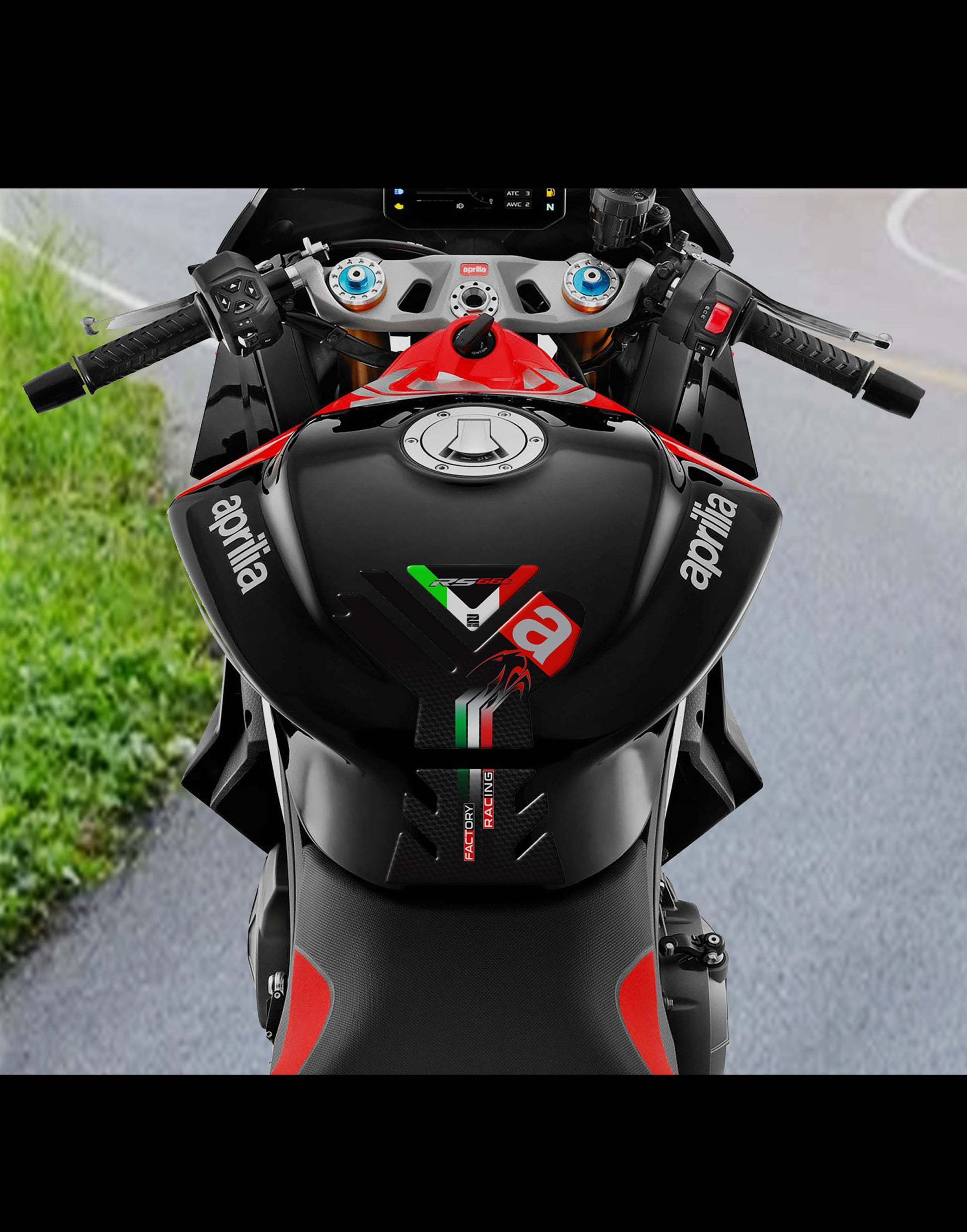 Aprilia  RS 660 Factory Motor Bike Tank Pad . Black, Red and Black Carbon Fibre Universal Fit  Bike Tank Pad / Protector 2023 -2025