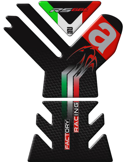 Aprilia  RS 660 Factory Motor Bike Tank Pad . Black, Red and Black Carbon Fibre Universal Fit  Bike Tank Pad / Protector 2023 -2025