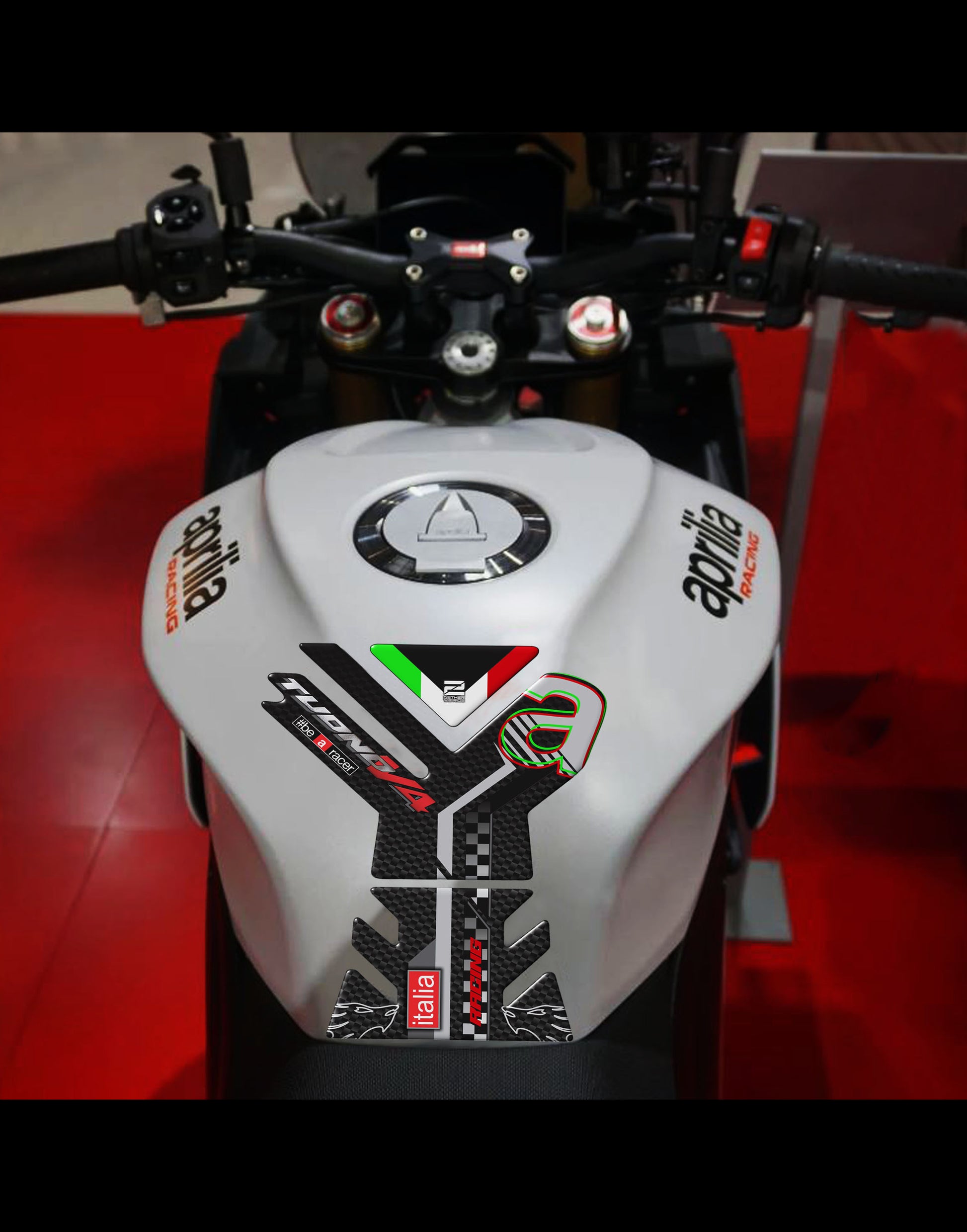 Aprilia Tuono V4 2023 White and Black Carbon Fibre Motor Bike Tank Pad.  # be a Racer Tank Pad Protector.