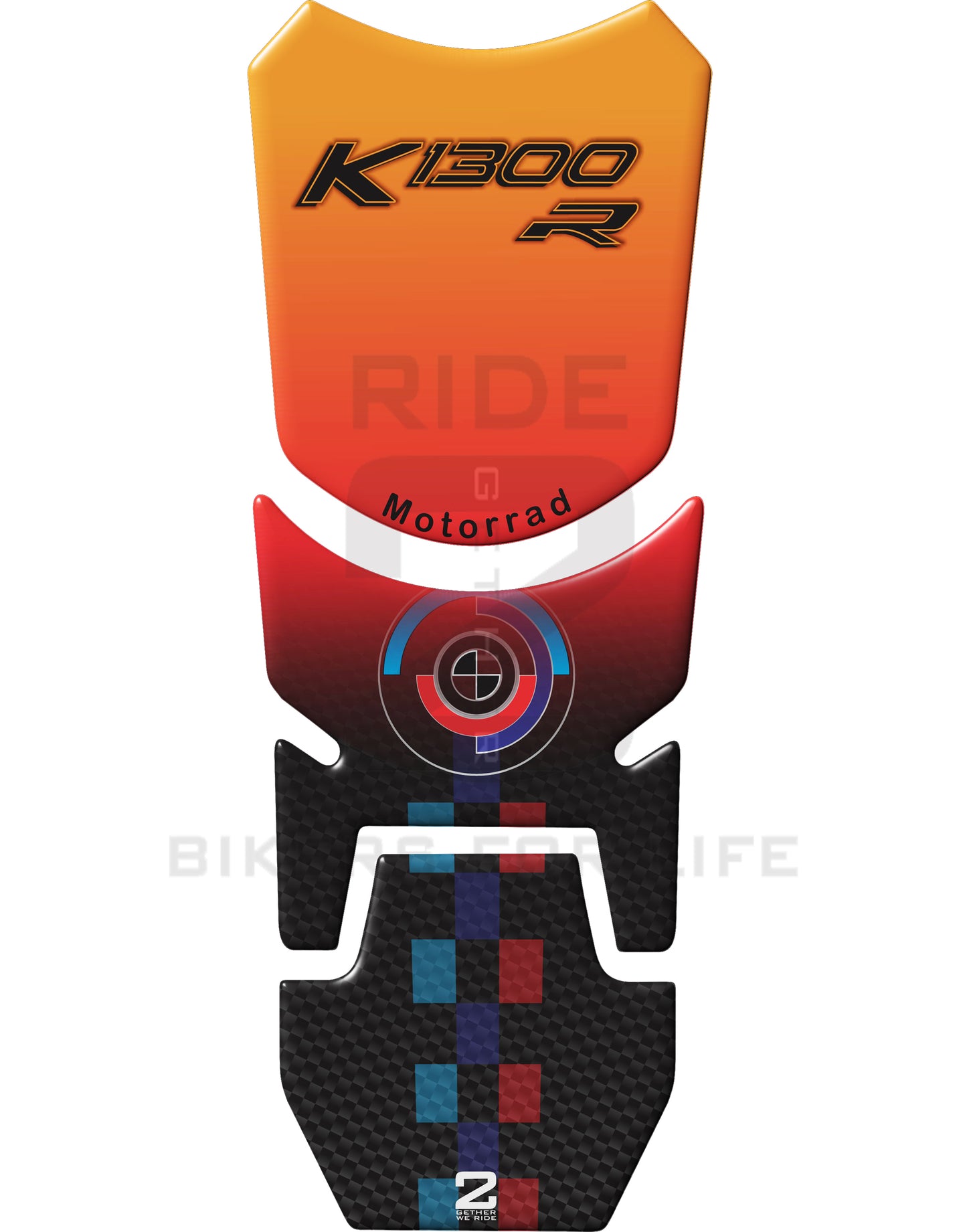 The BMW K 1300 R Orange and Black Tank Pad is a protective accessory designed specifically for the BMW K 1300 R motorcycle model.