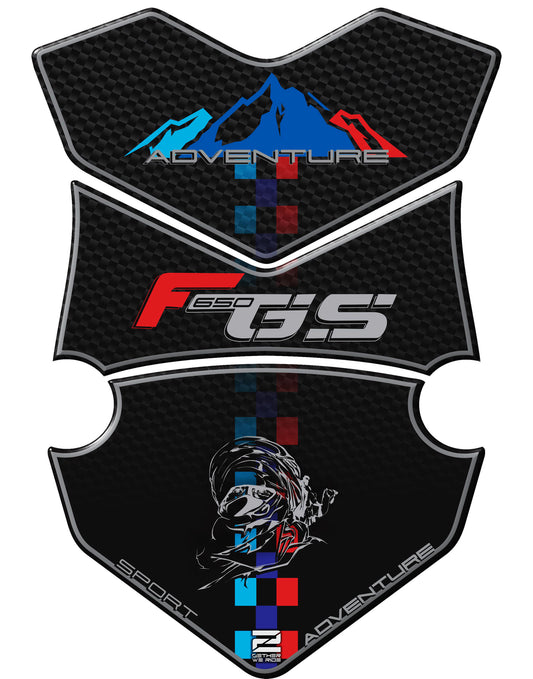 BMW F 650 GS Black Carbon Motor Bike Tank Pad / Protector. A universal adventure fit tank pad.