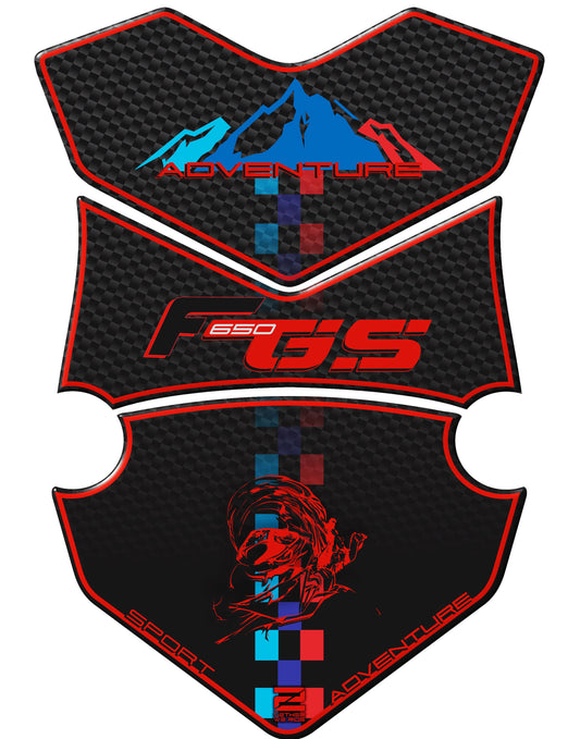 BMW F 650 GS Blue and Black Carbon Motor Bike Tank Pad / Protector. A universal adventure fit tank pad.
