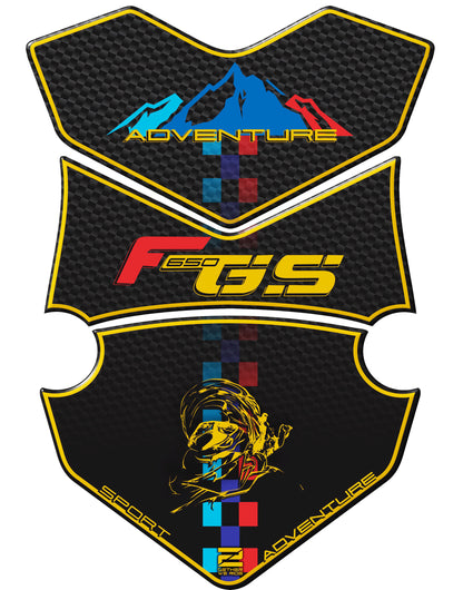BMW F 650 GS Yellow and Black Carbon Motor Bike Tank Pad / Protector. A universal adventure fit tank pad.