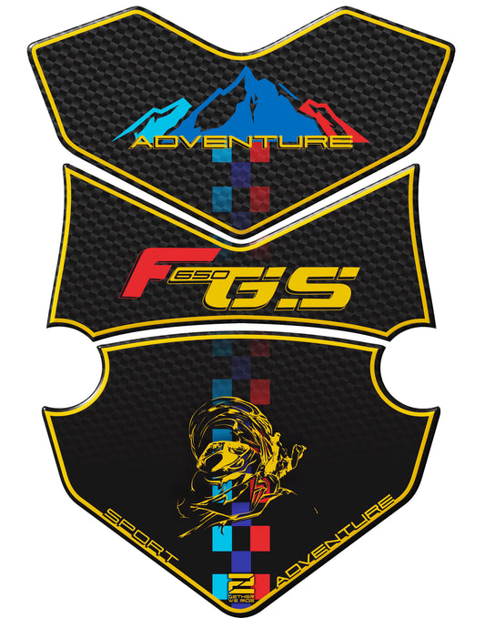 BMW F 650 GS Yellow and Black Carbon Motor Bike Tank Pad / Protector. A universal adventure fit tank pad.
