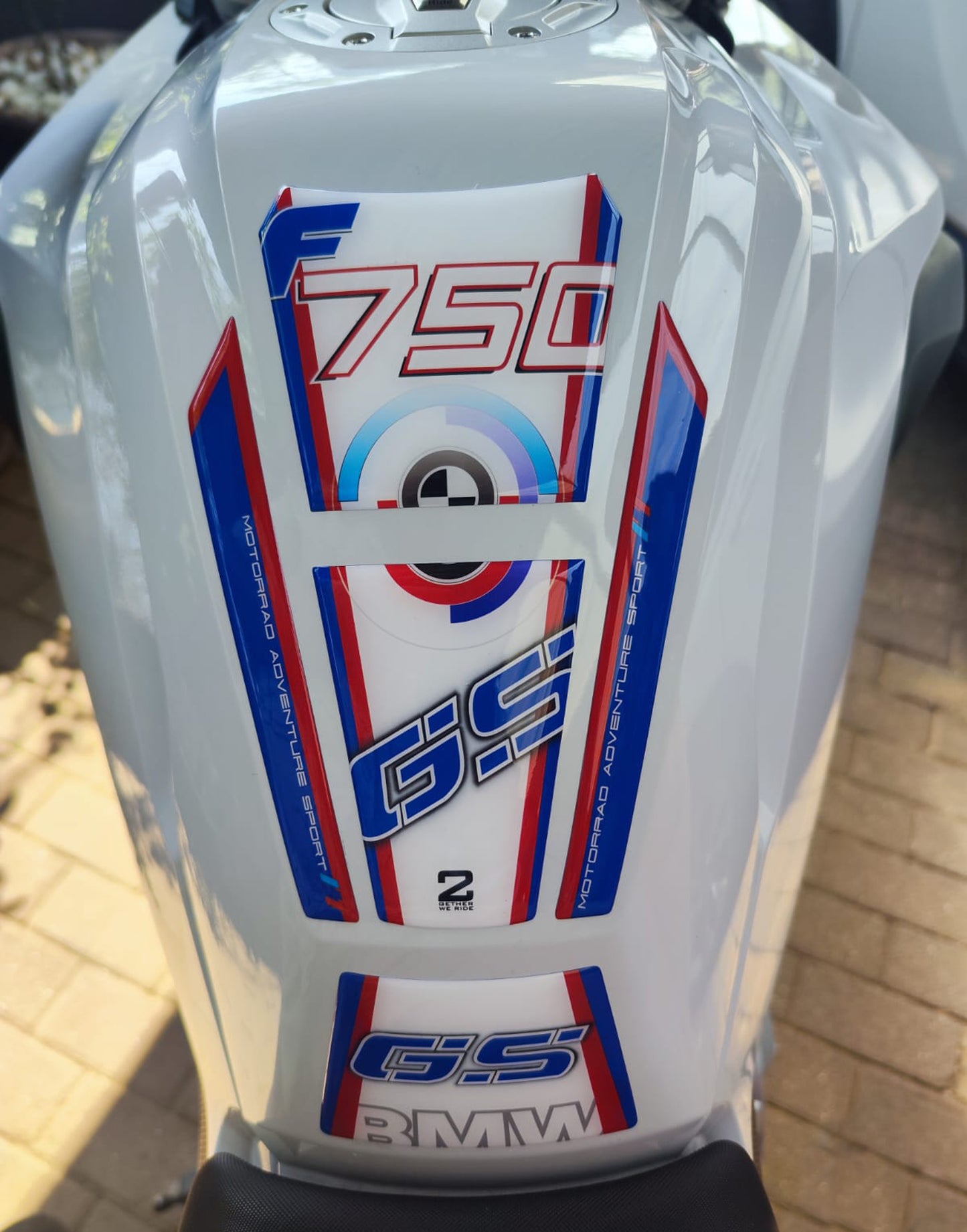BMW F 750 GS White, Blue and Red Motor Bike Tank Pad / Protector