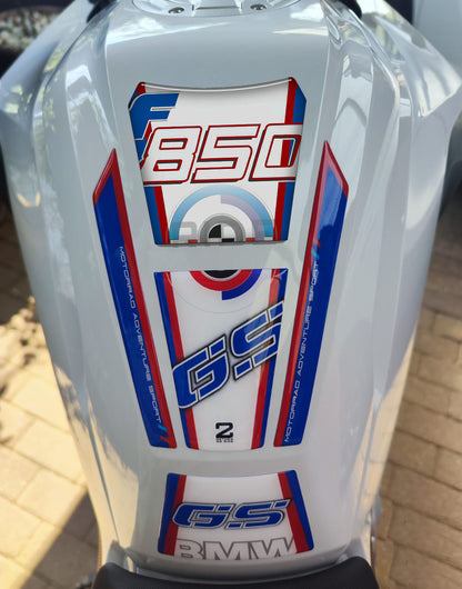 BMW F 850 GS Motor Bike Tank Pad. Red, White and Blue Motor Bike Tank Pad / Protector