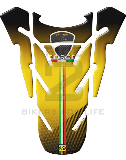 Ducati Coarse Yellow, Black and Carbon Fibre Motor Bike Tank Pad Protector. A Universal Fit Ducati Tank Pad.