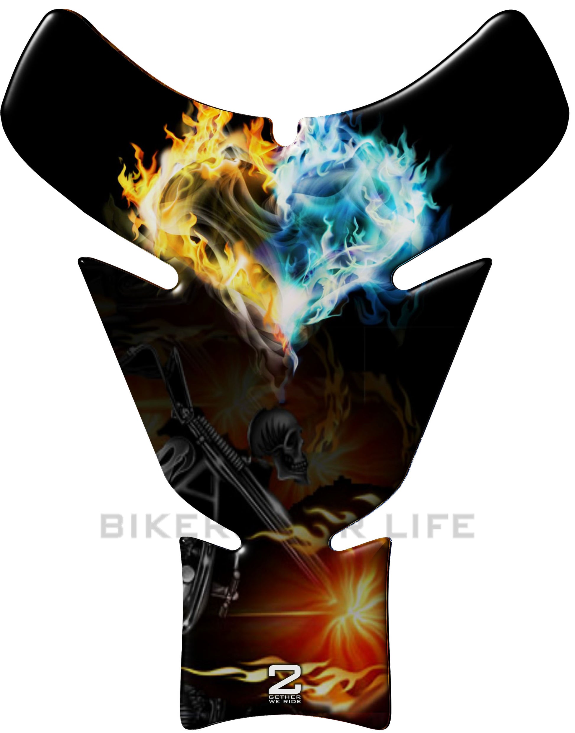 Universal Fit Fire and Ice Heart breaking Skull Motor Bike Tank Pad Protector. A Street Pad which fits most motorcycles.