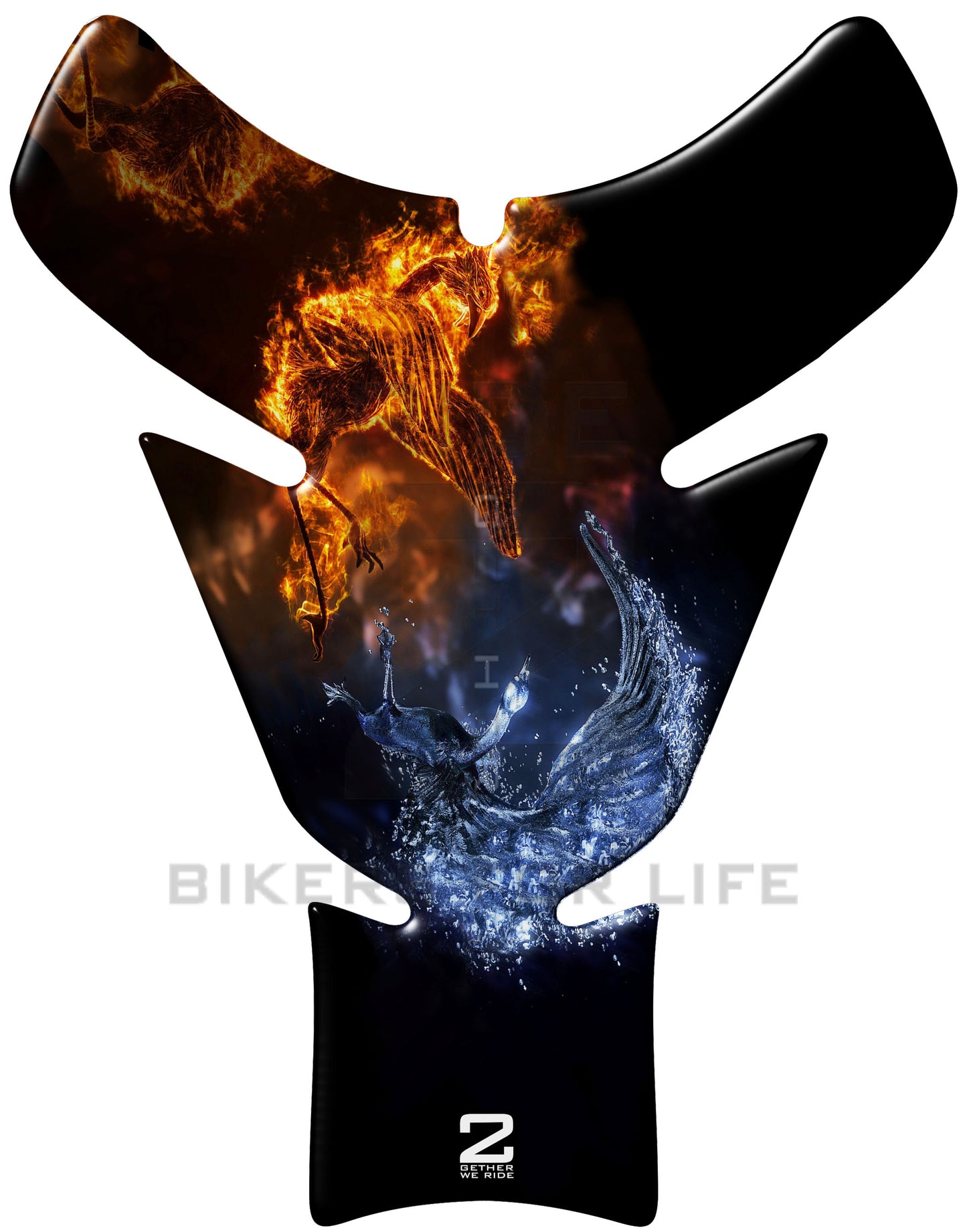Universal Fit Fire and Ice Flaming Phoenix  and Spiritual Swan Motor Bike Tank Pad Protector. A Street Pad which fits most motorcycles.