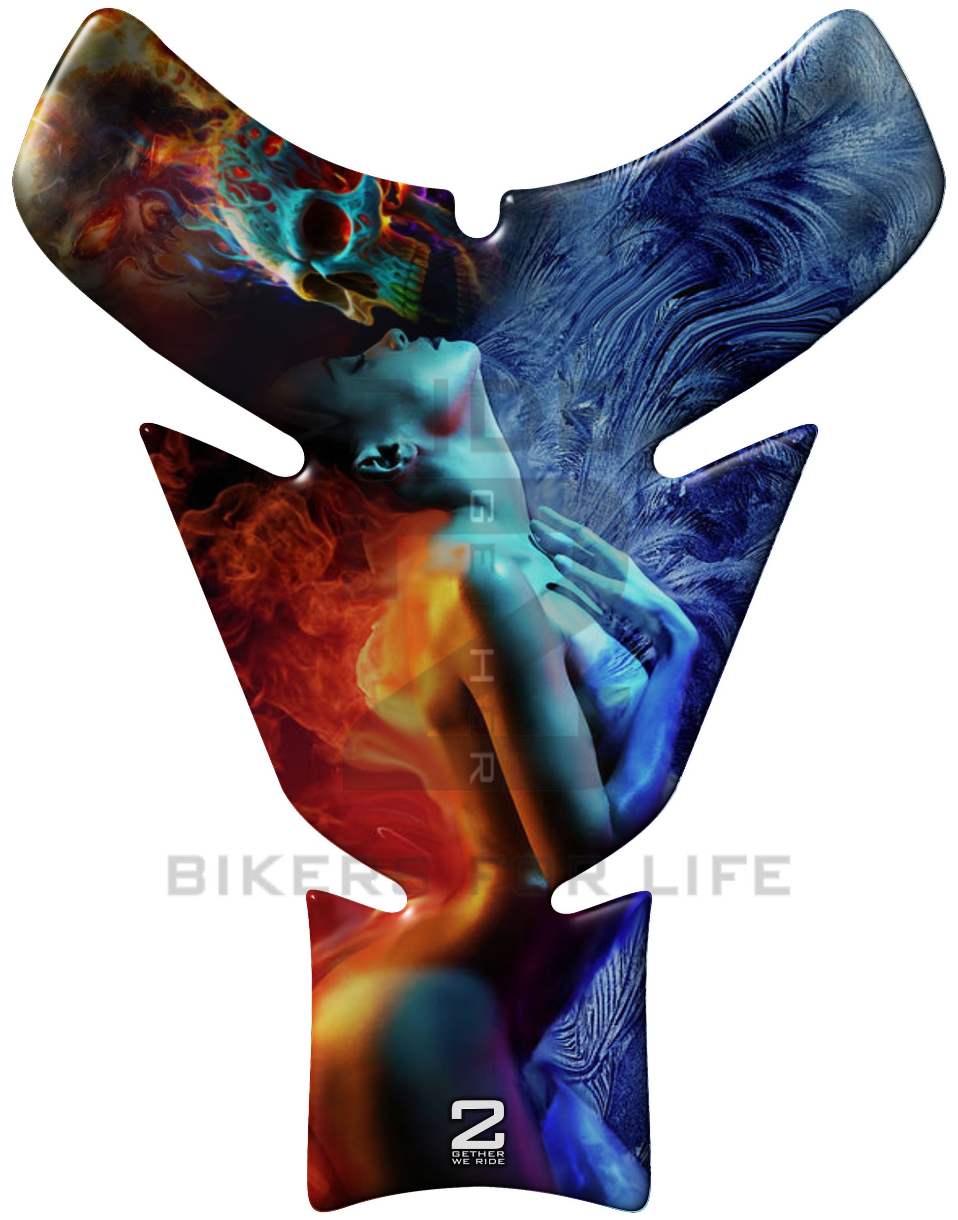 Fire and Ice Neon Skull Kissing Lady Bike Tank Pad Protector. A Street Pad which fits most motorcycles.
