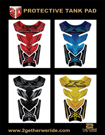 Yamaha Motor Bike tank Pads. Four protective tank pads in red, blue, black, and yellow with 'Factory Racing' branding on a white background.