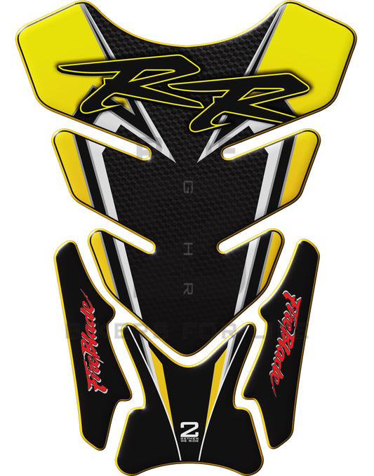 Motor Bike Tank Pad- Honda CBR Fireblade RR. Yellow and Black and Carbon Fibre. Protective Tank Pad. Universal Fit.