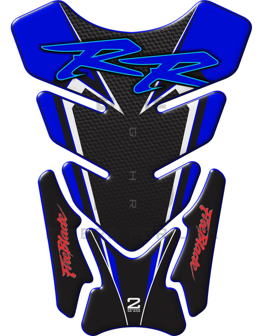 Motor Bike Tank Pad- Honda CBR Fireblade RR. Blue and Black and Carbon Fibre. Protective Tank Pad. Universal Fit.