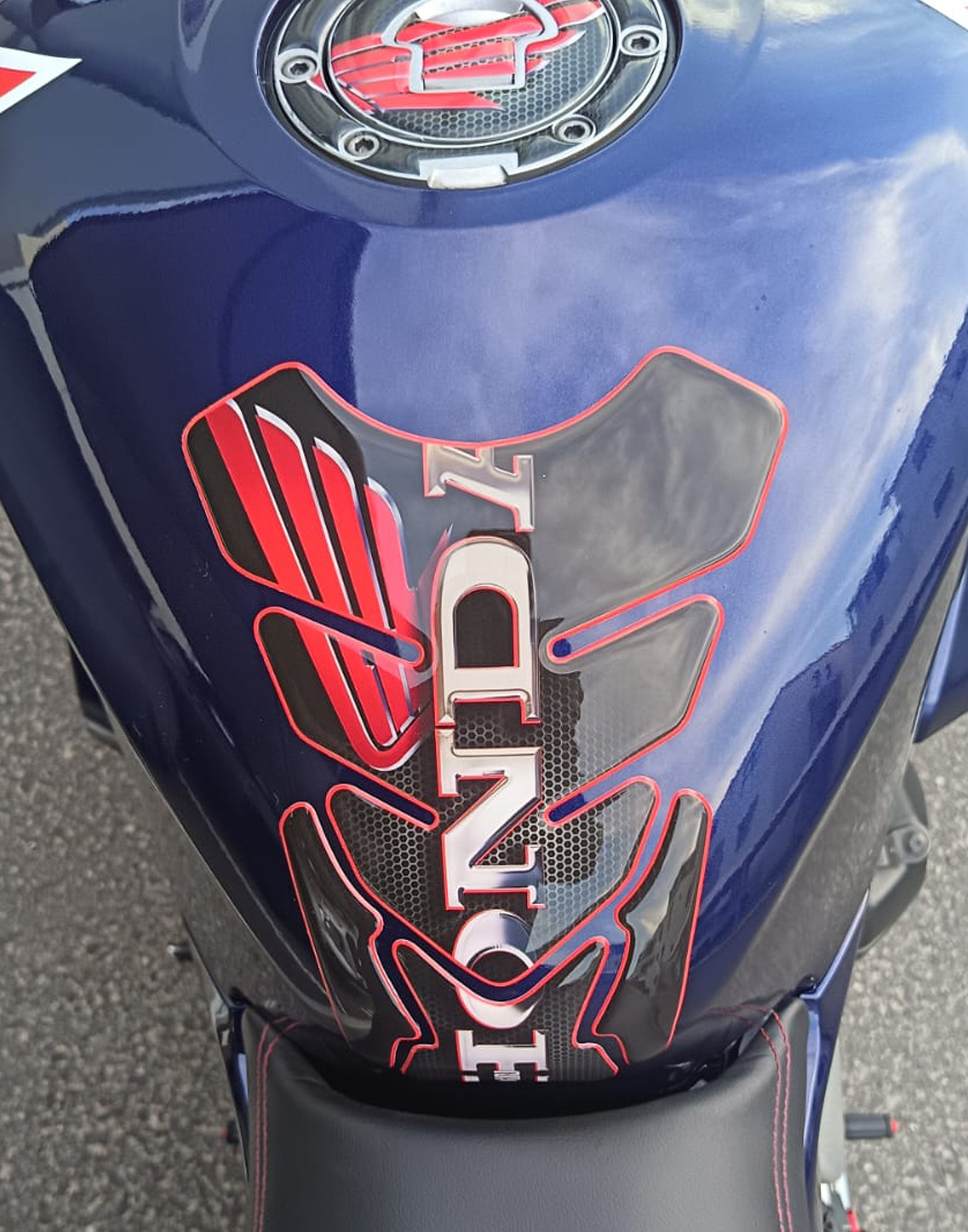 Honda CBR, NC Series, CB Series, Twin Africa Red, Black and Chrome Honey Comb Protective Tank Pad.
