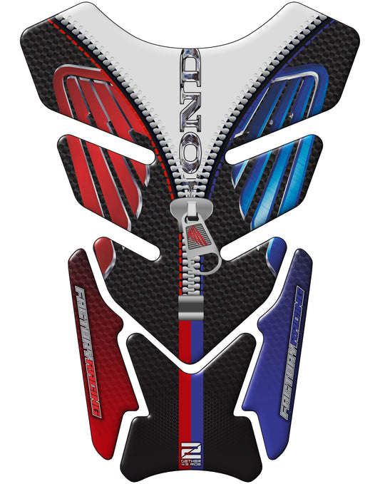 Honda Motor Bike Tank Pad. Red, Blue and White with Black Carbon Fibre universal fit Motorcycle Tank Pad Protector.