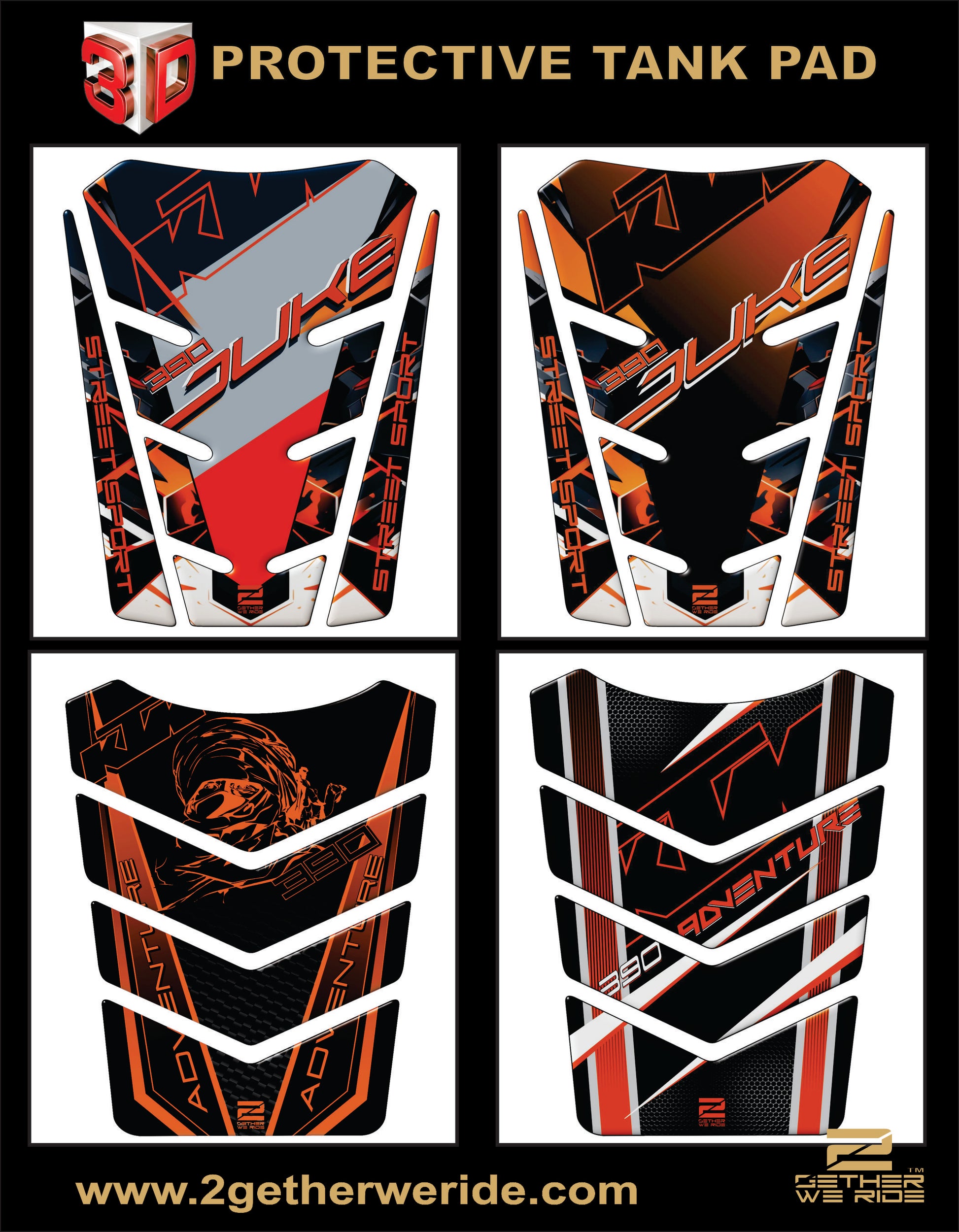KTM 390 Duke Motor Bike Tank Pad. Carbon Fibre Black and Orange 390 Adventure universal Tank Pad .2025