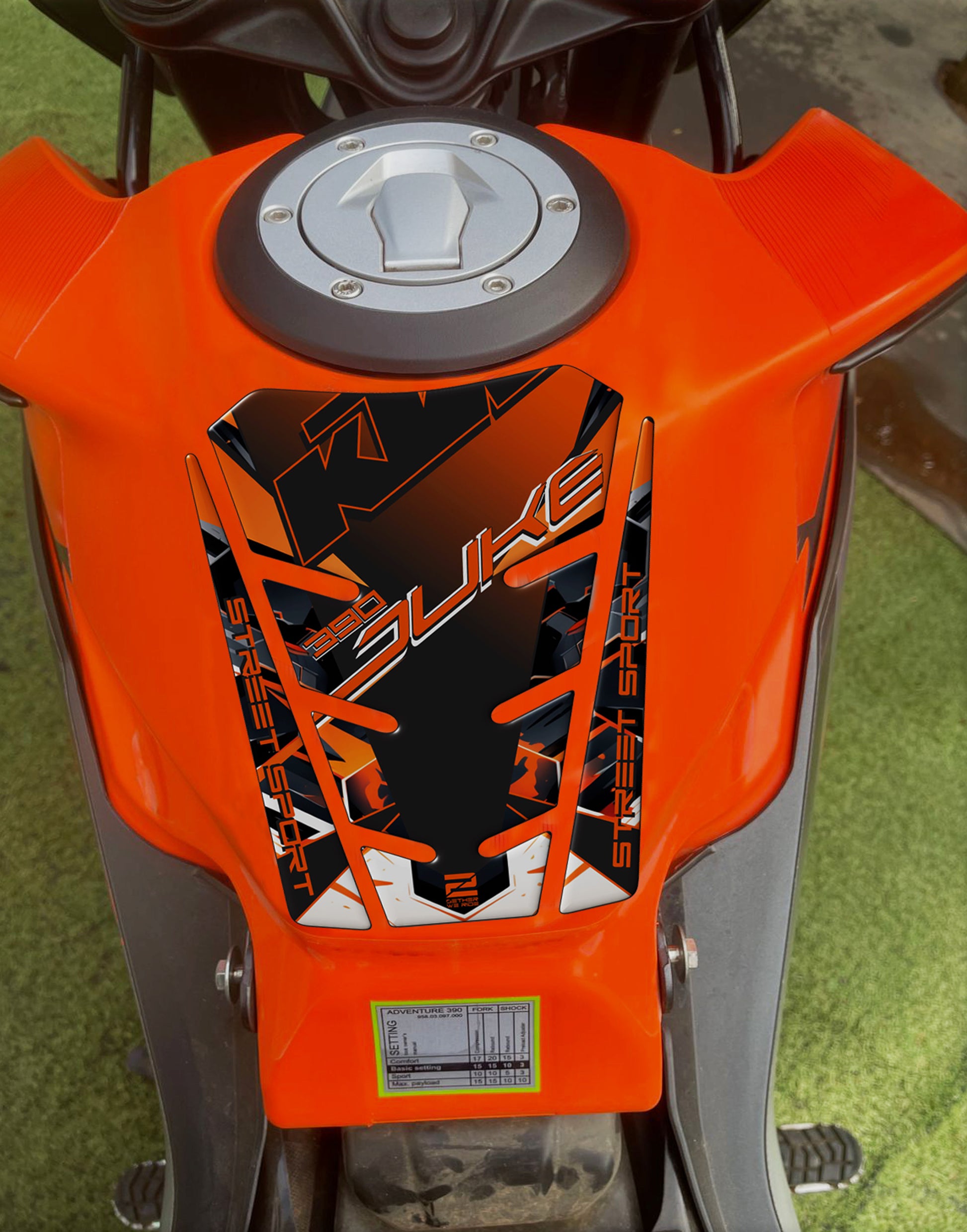 KTM 390 Duke Motor Bike Tank Pad. Orange White and Black Carbon Fibre 390 Duke Universal Fit Tank Pad. 2025