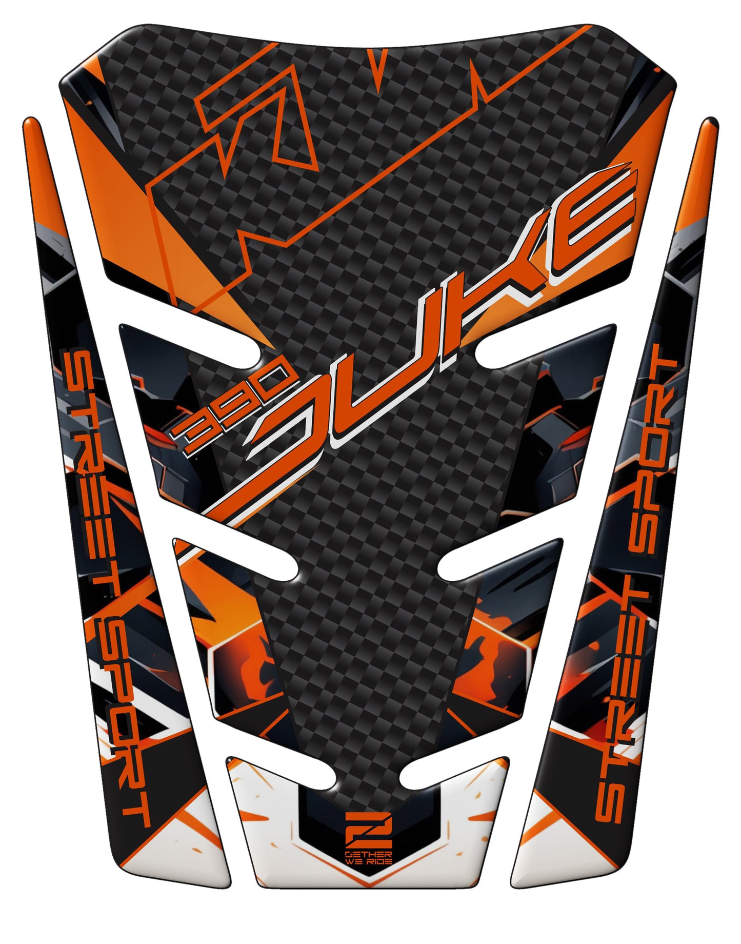 KTM 390 Duke Motor Bike Tank Pad. Orange White and Black Carbon Fibre 390 Duke Universal Fit Tank Pad. 2025