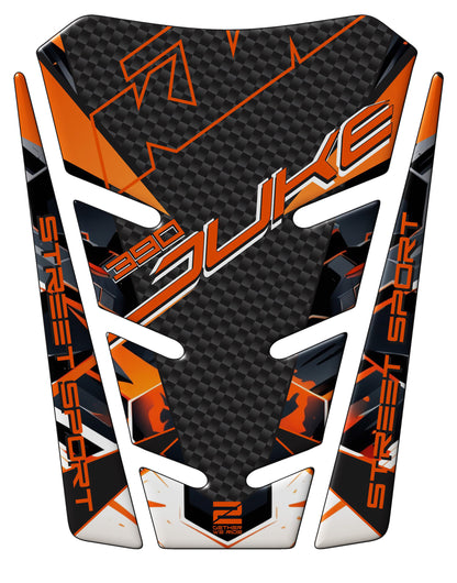 KTM 390 Duke Motor Bike Tank Pad. Orange White and Black Carbon Fibre 390 Duke Universal Fit Tank Pad. 2025
