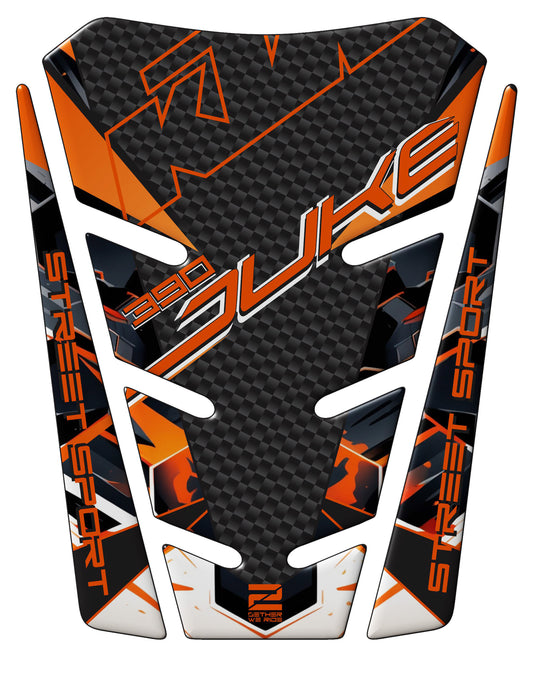 KTM 390 Duke Motor Bike Tank Pad. Orange White and Black Carbon Fibre 390 Duke Universal Fit Tank Pad. 2025