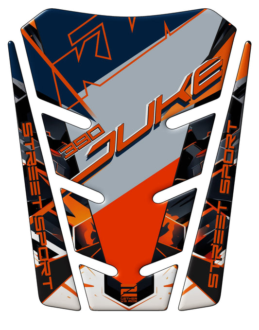 KTM 390 Duke Motor Cycle Tank Pad. Orange White, Blue and Black Carbon Fibre   A universal Motor Bike Tank Pad KTM 390 Duke -2025