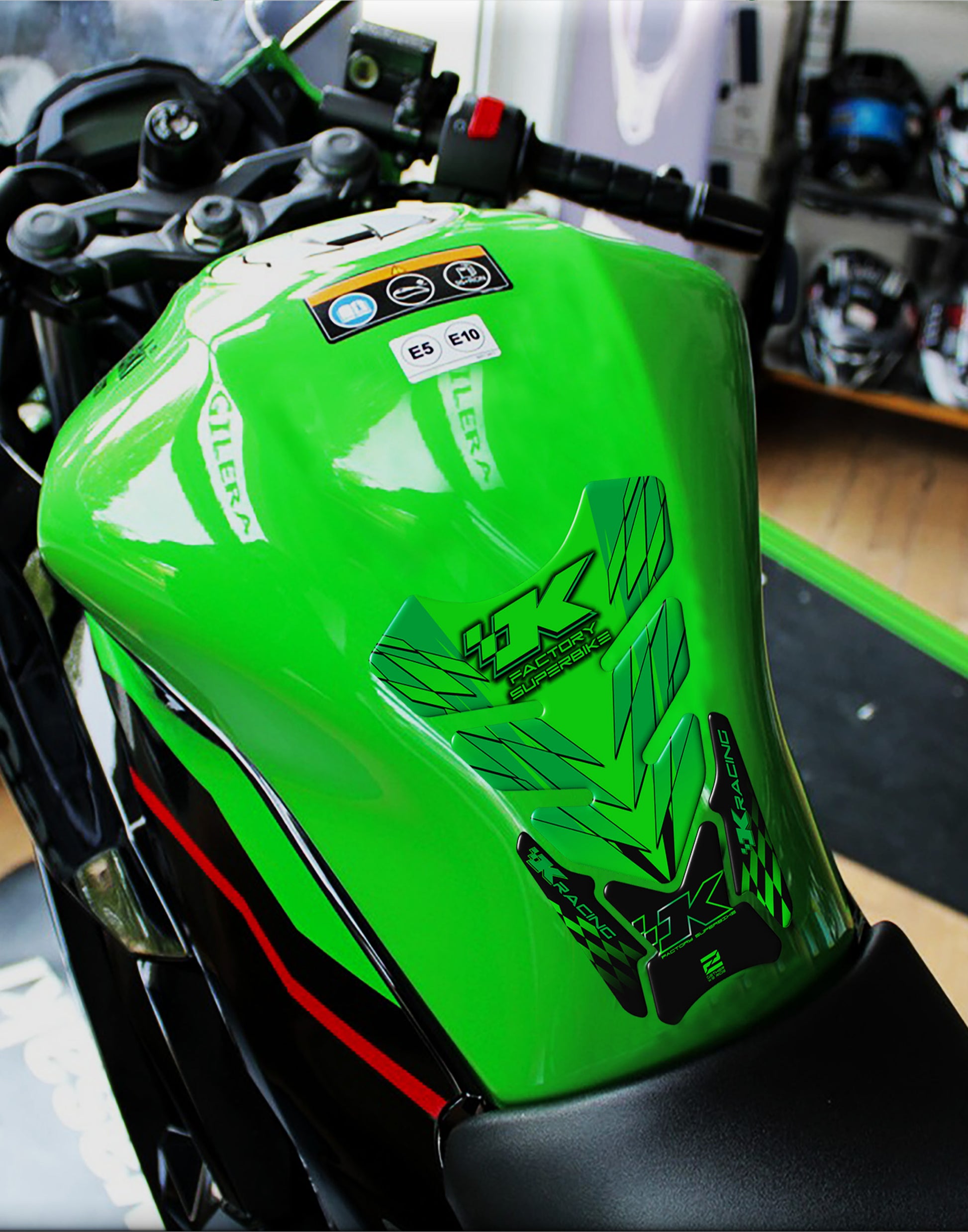 Kawasaki Factory Super Bike, Green and Black Motor Bike Tank Pad  Protector 2006 - 2022. K Racing