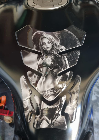 Motor Bike Tank Pad. Black Amazon Warrior with Angelic Wings.