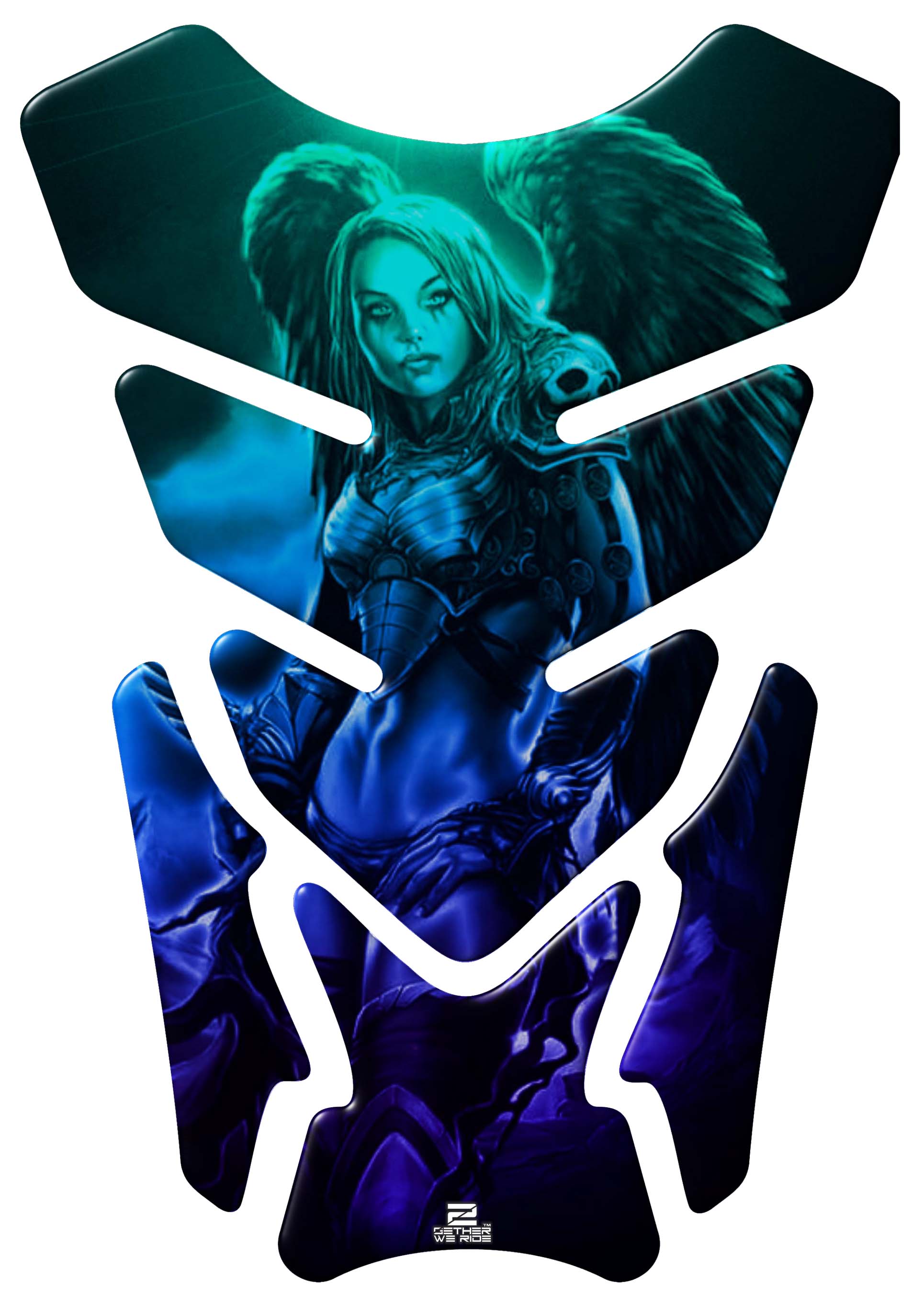 Motor Bike Tank Pad. Blue and Black Amazon Warrior with Angelic Wings. 