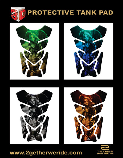 Motor Bike Tank Pad. Blue and Black Amazon Warrior with Angelic Wings. 