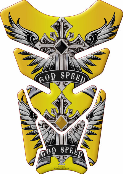 Motor Bike Tank Pad. God Speed Yellow Motor Bike Tank Pad. Universal Fit. Christian Motor Bike Tank Pad.