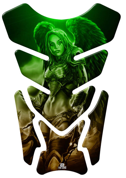 Motor Bike Tank Pad. Green and Black Universal Fit Amazon Warrior with Angelic Wings.